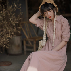 灰粉色捏褶連衣裙|洋裝|夏款|亞麻混紡|Sora-941 第12張的照片