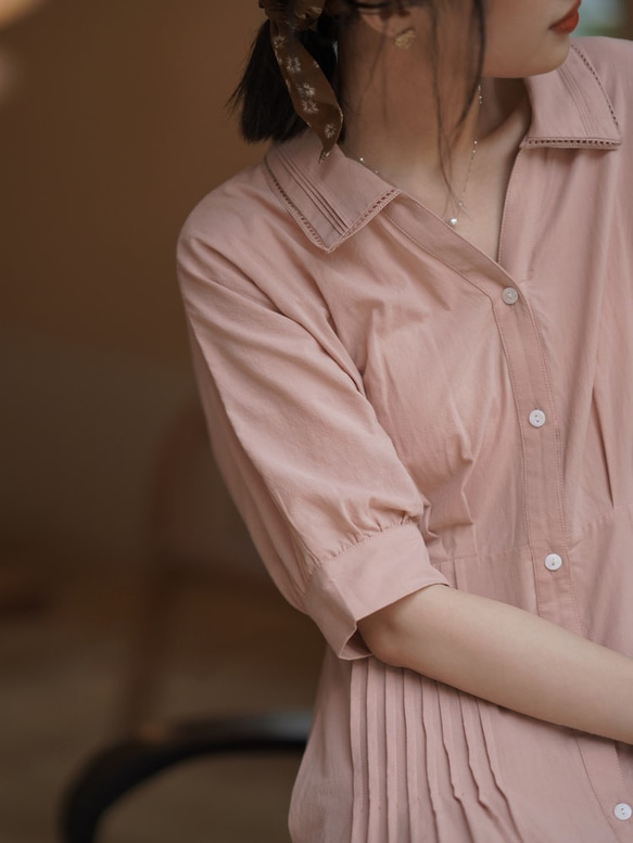 灰粉色捏褶連衣裙|洋裝|夏款|亞麻混紡|Sora-941 第8張的照片