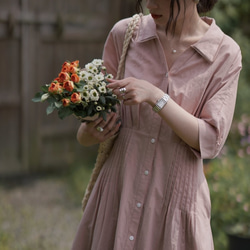 灰粉色捏褶連衣裙|洋裝|夏款|亞麻混紡|Sora-941 第17張的照片