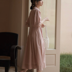 灰粉色捏褶連衣裙|洋裝|夏款|亞麻混紡|Sora-941 第3張的照片