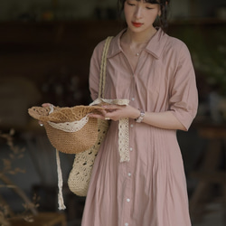 灰粉色捏褶連衣裙|洋裝|夏款|亞麻混紡|Sora-941 第10張的照片