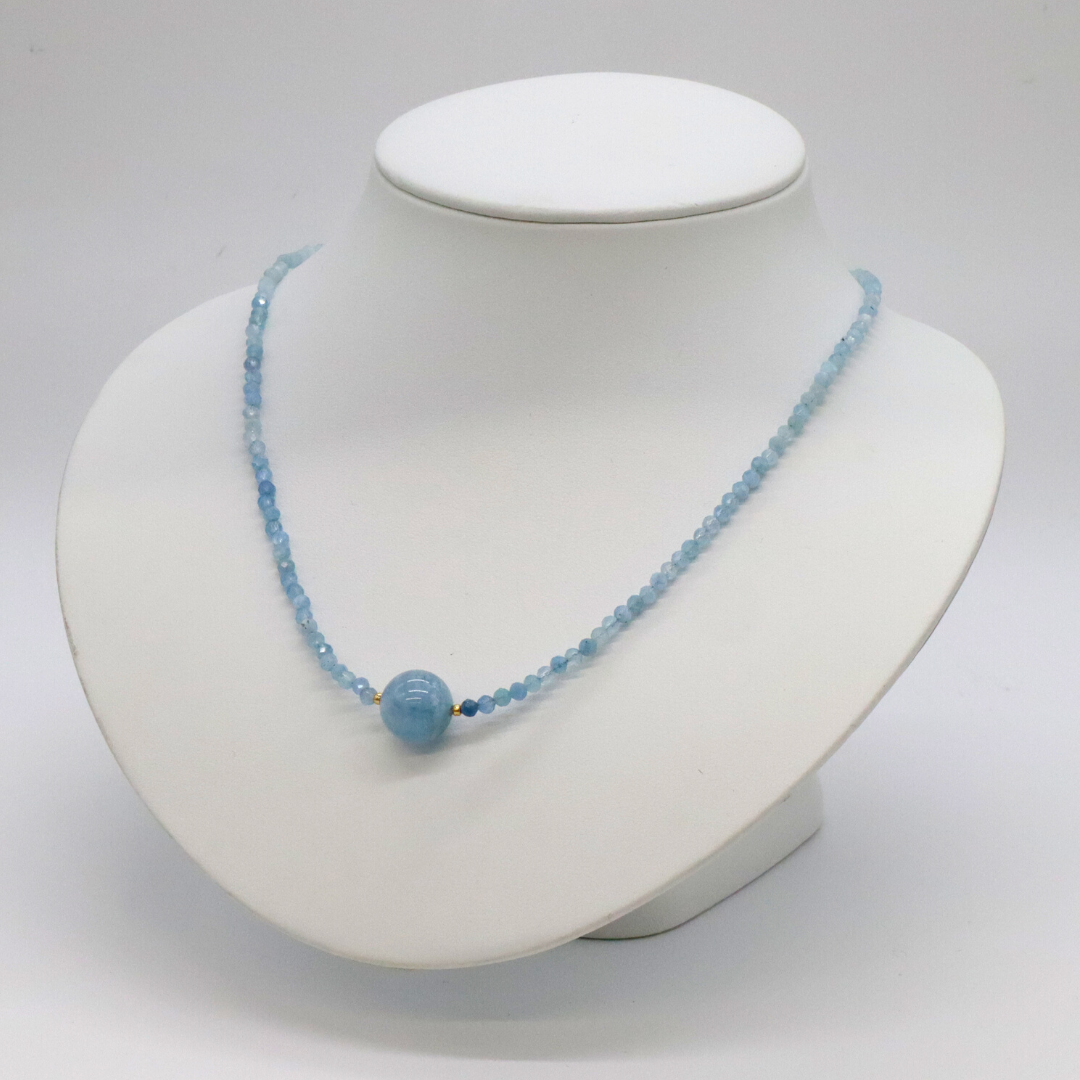 大玉 ワンポイント付 アクアマリン カット ビーズ ネックレス limited edition08