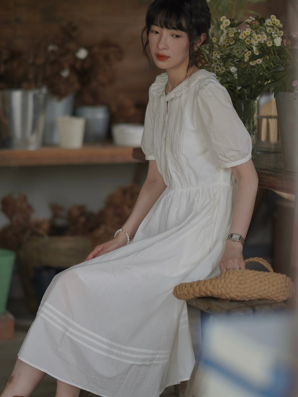 白色荷葉領連衣裙|洋裝|夏款|Sora-944 第8張的照片