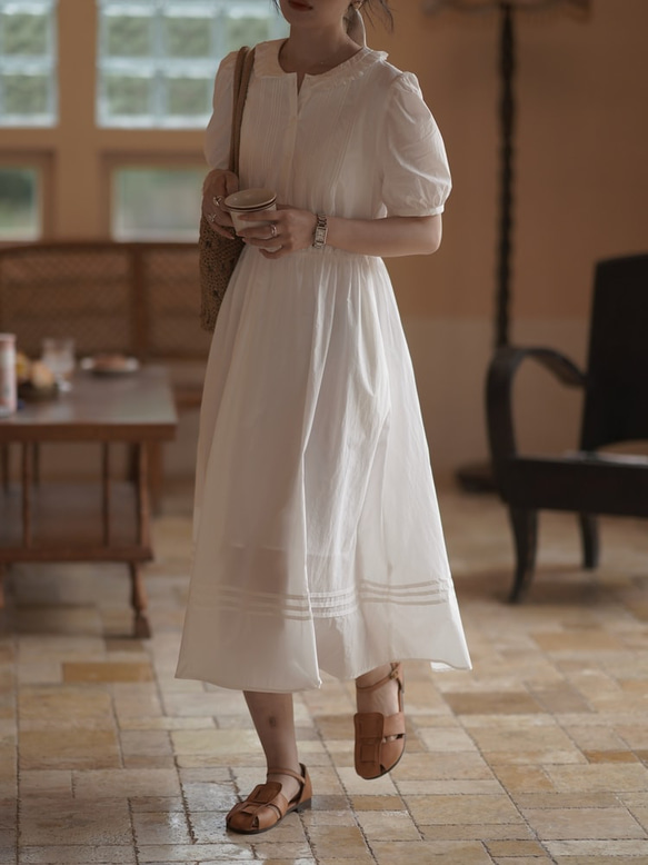 白色荷葉領連衣裙|洋裝|夏款|Sora-944 第3張的照片