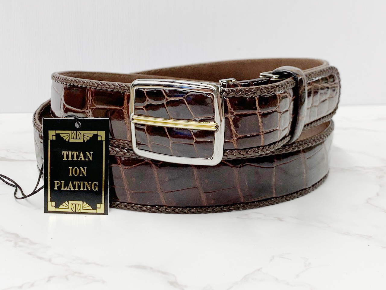 日本製　クロコダイル　上質　チタン金具　三つ編みメッシュ縫い込み　ボンベ加工　30㎜巾　ベルト　エキゾチックレザー 15,260円