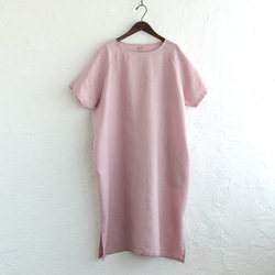 亞麻圓領連衣裙成人寬鬆夏裝（灰粉色）OP19 第7張的照片
