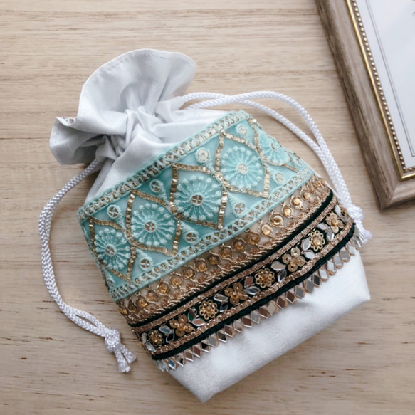 【luxury pouch G】インド刺繍　巾着ポーチ　リゾート 6枚目の画像