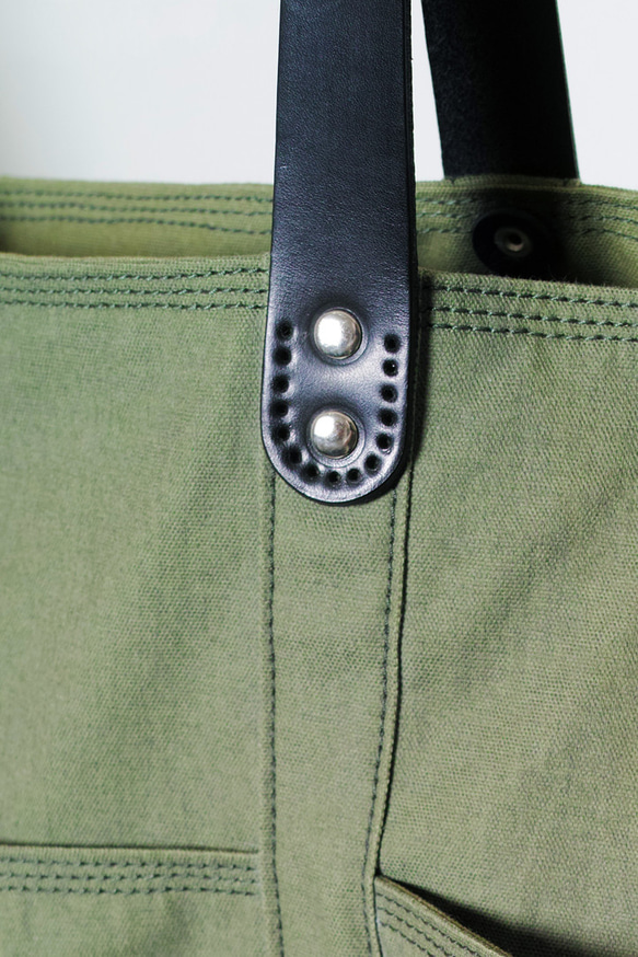 FIGHTER-手做真皮軍綠純棉帆布多口袋手提/斜側揹/筆電包 第6張的照片