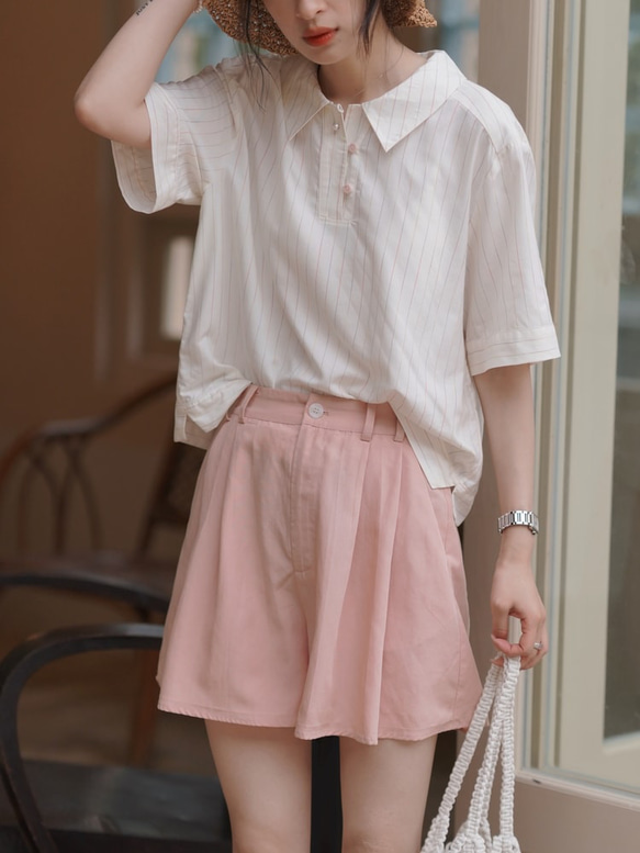 雙色高腰短褲-粉色|褲子|夏款|兩色|Sora-945 第3張的照片