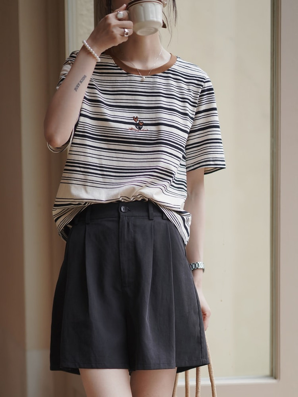 雙色高腰短褲-黑色|褲子|夏款|兩色|Sora-945 第12張的照片