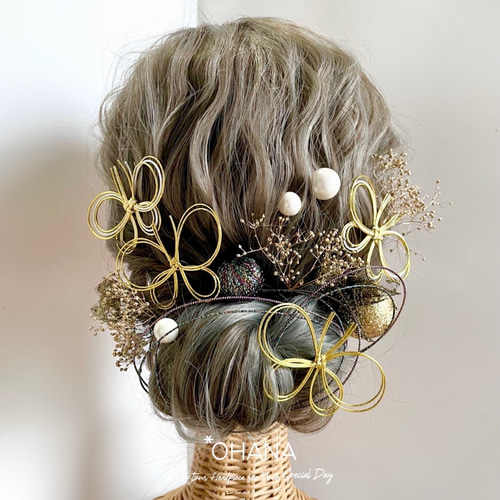 水引の蝶が舞う髪飾りセット】 ゴールド＆ブラック 和装 成人式 卒業式