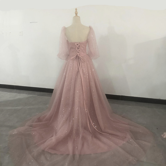 憧れのドレス カラードレス ふわふわ七分袖  キラキラチュール   編み上げ  プリンセスライン 2枚目の画像
