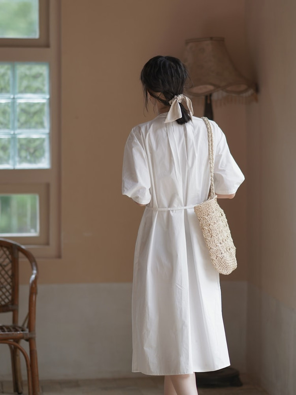 襯衫式繫帶連衣裙-白色|洋裝|夏款|兩色|Sora-947 第16張的照片