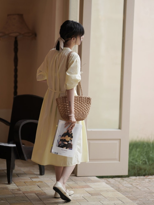 襯衫式繫帶連衣裙-黃色|洋裝|夏款|兩色|Sora-947 第4張的照片
