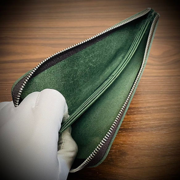 イタリアンレザー L字 ファスナー 長財布 ヌバック 牛革 本革 メンズ レディス グリーン 緑 革財布 薄型 4枚目の画像