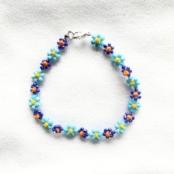 フラワービーズブレスレット(青、水色、オレンジ) ビーズアクセサリー