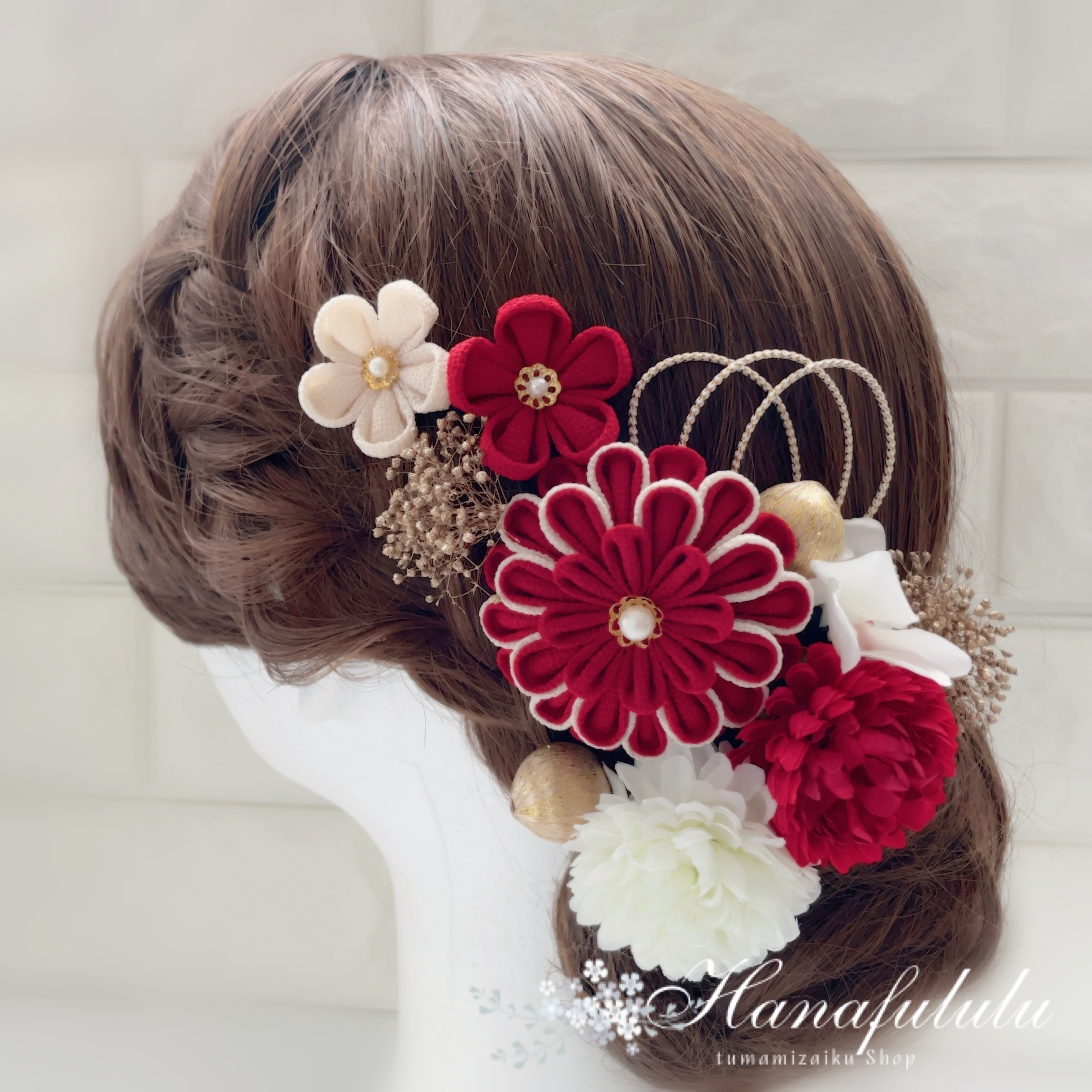 えんじ(赤)＊華マム＊かすみ草❁振袖髪飾り【和 つまみ細工】結婚式・成人式・卒業式