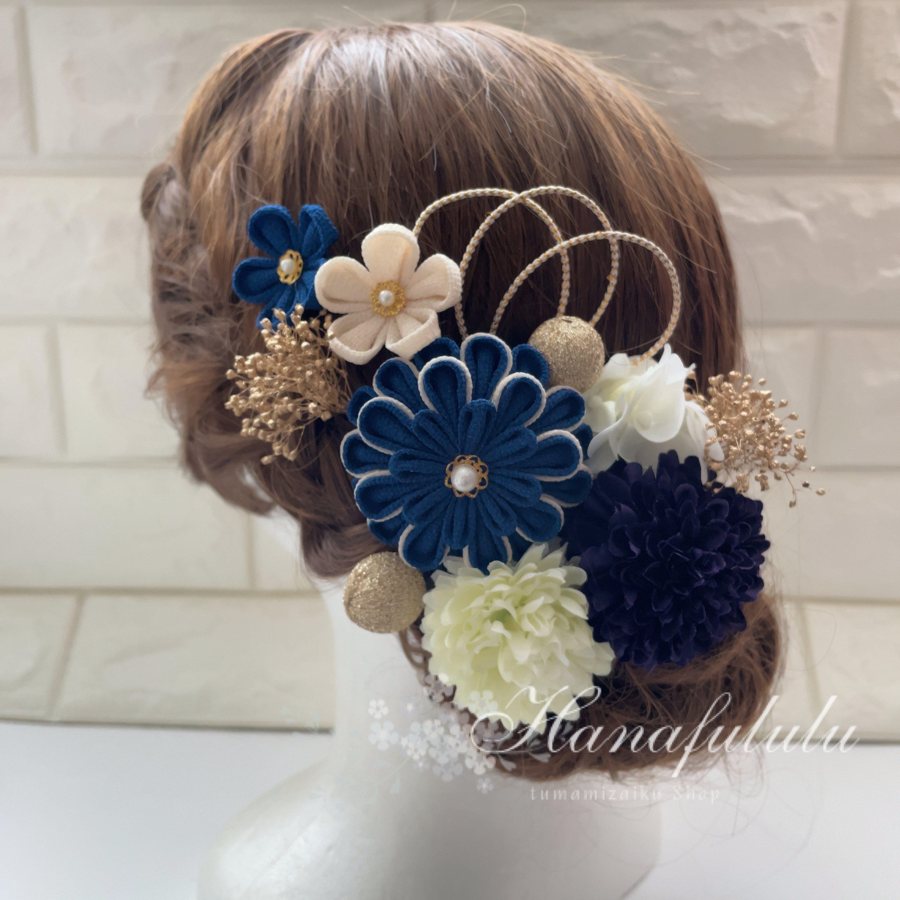 青紺＊華マム＊かすみ草❁振袖髪飾り【和 つまみ細工】結婚式・成人式・卒業式