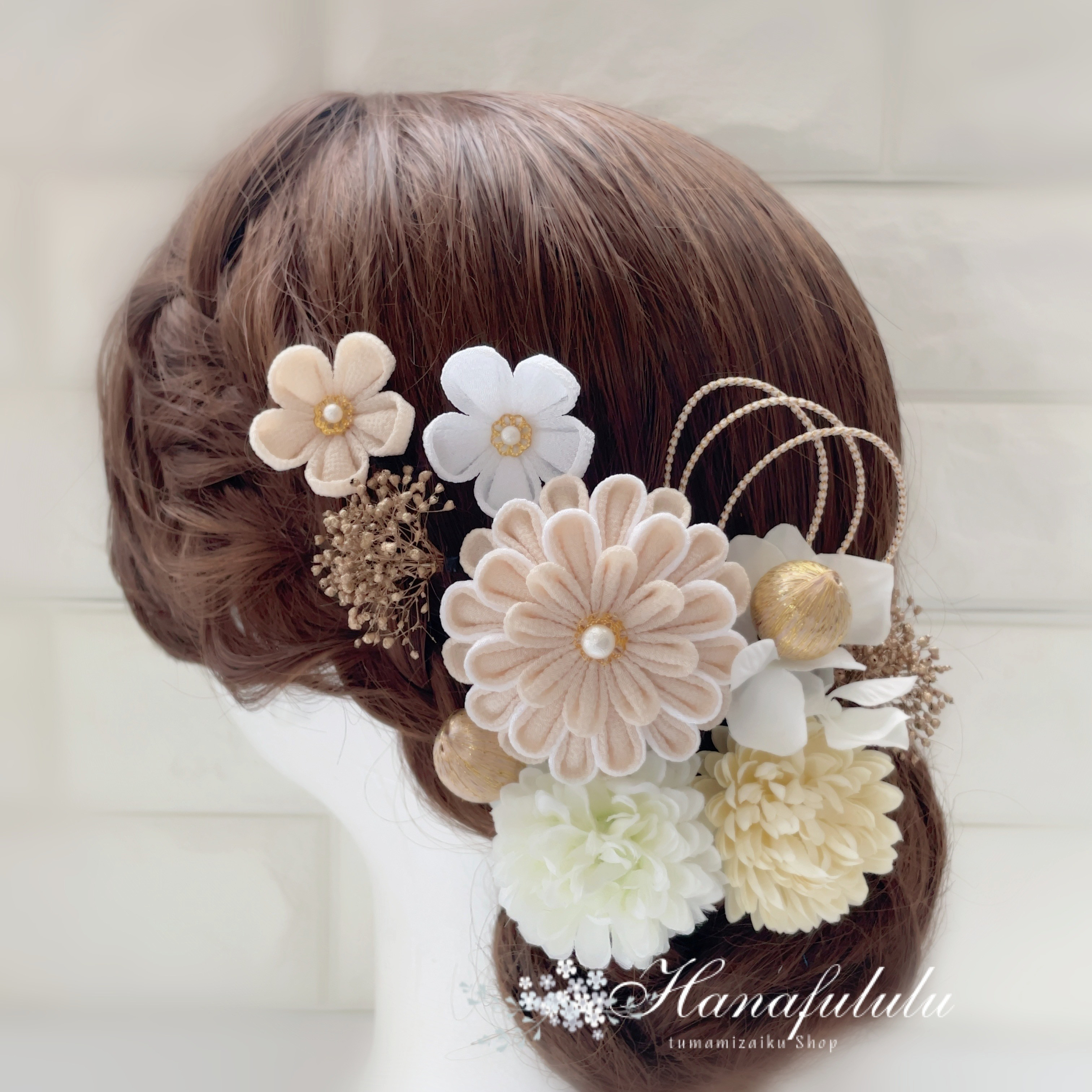 生成＊華マム＊かすみ草❁振袖髪飾り【和 つまみ細工】結婚式・成人式・卒業式