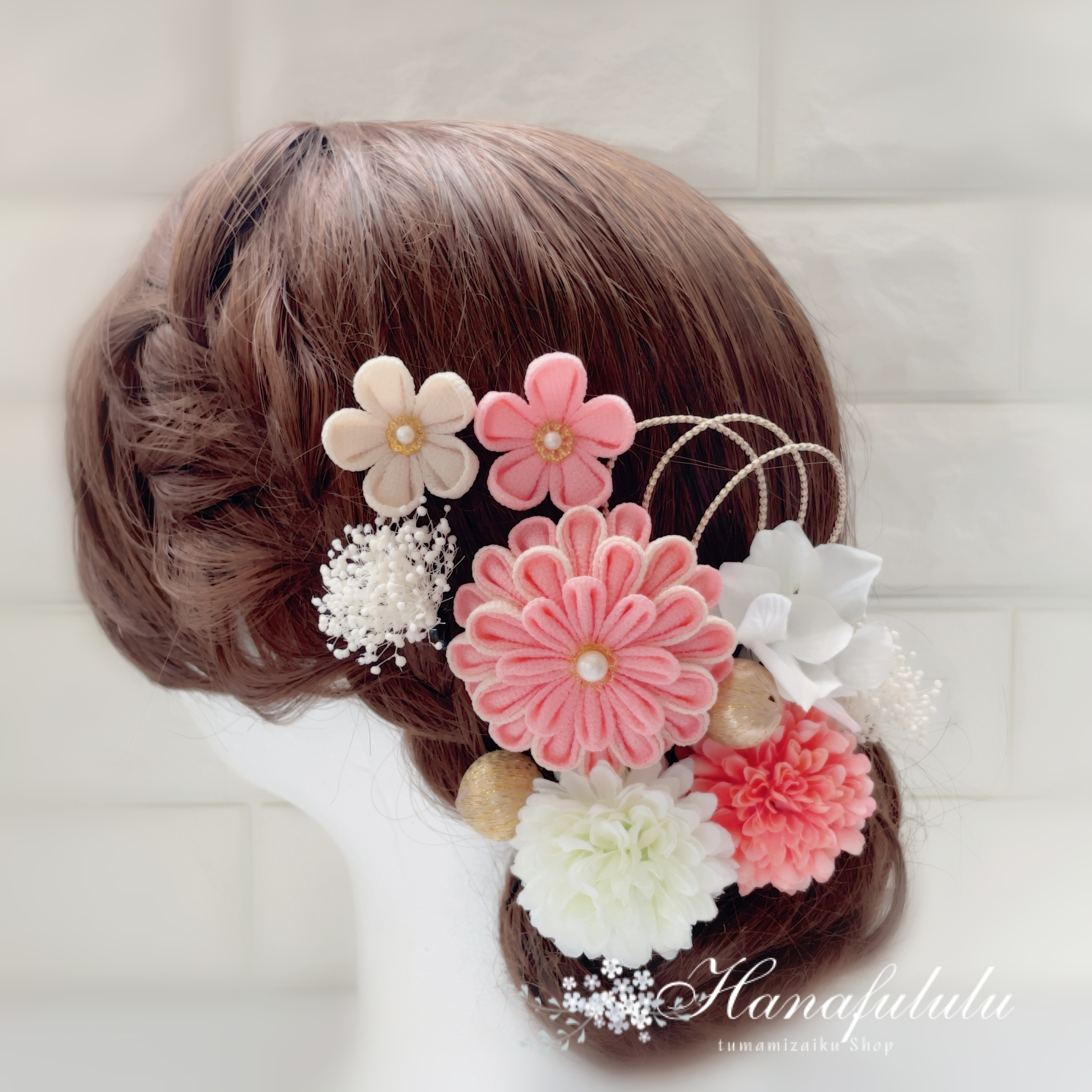 あけぼの(ピンク)＊華マム＊かすみ草❁振袖髪飾り【和 つまみ細工】結婚式・成人式・卒業式