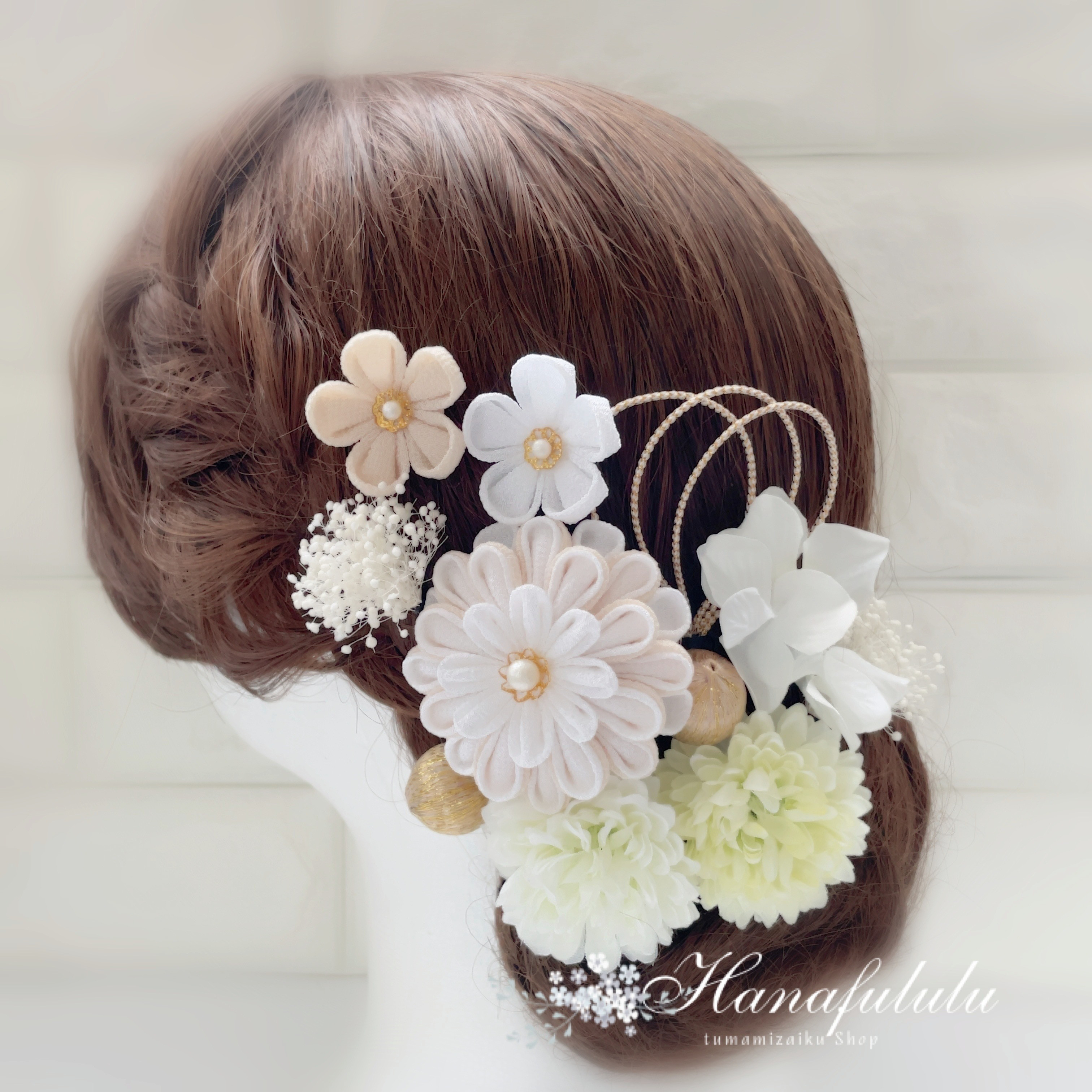 白＊華マム＊かすみ草❁振袖髪飾り【和 つまみ細工】結婚式・成人式・卒業式