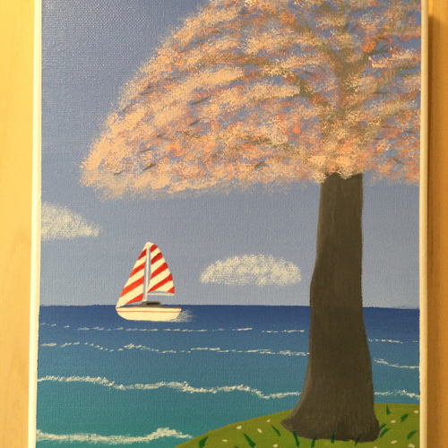 原画。桜とヨットと海。絵画制作4枚目 額縁なし 絵画