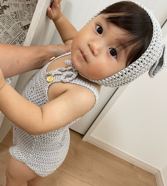手編みのニューボーンフォト衣装セット｜くま耳・うさ耳帽子付き｜出産祝い・おうち撮影にもおすすめ　 4枚目の画像