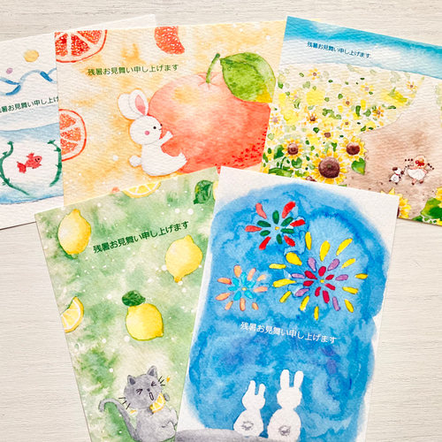 透明水彩画 夏のポストカード 5枚セット 暑中見舞い 残暑見舞い 透明水彩画 夏のポストカード 5枚セット 暑中見舞い 残暑見舞い