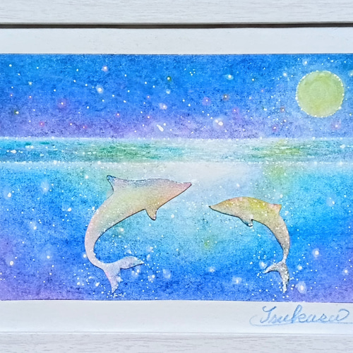 海とイルカのパステルアート 白イルカと月明かり パステル原画 絵画