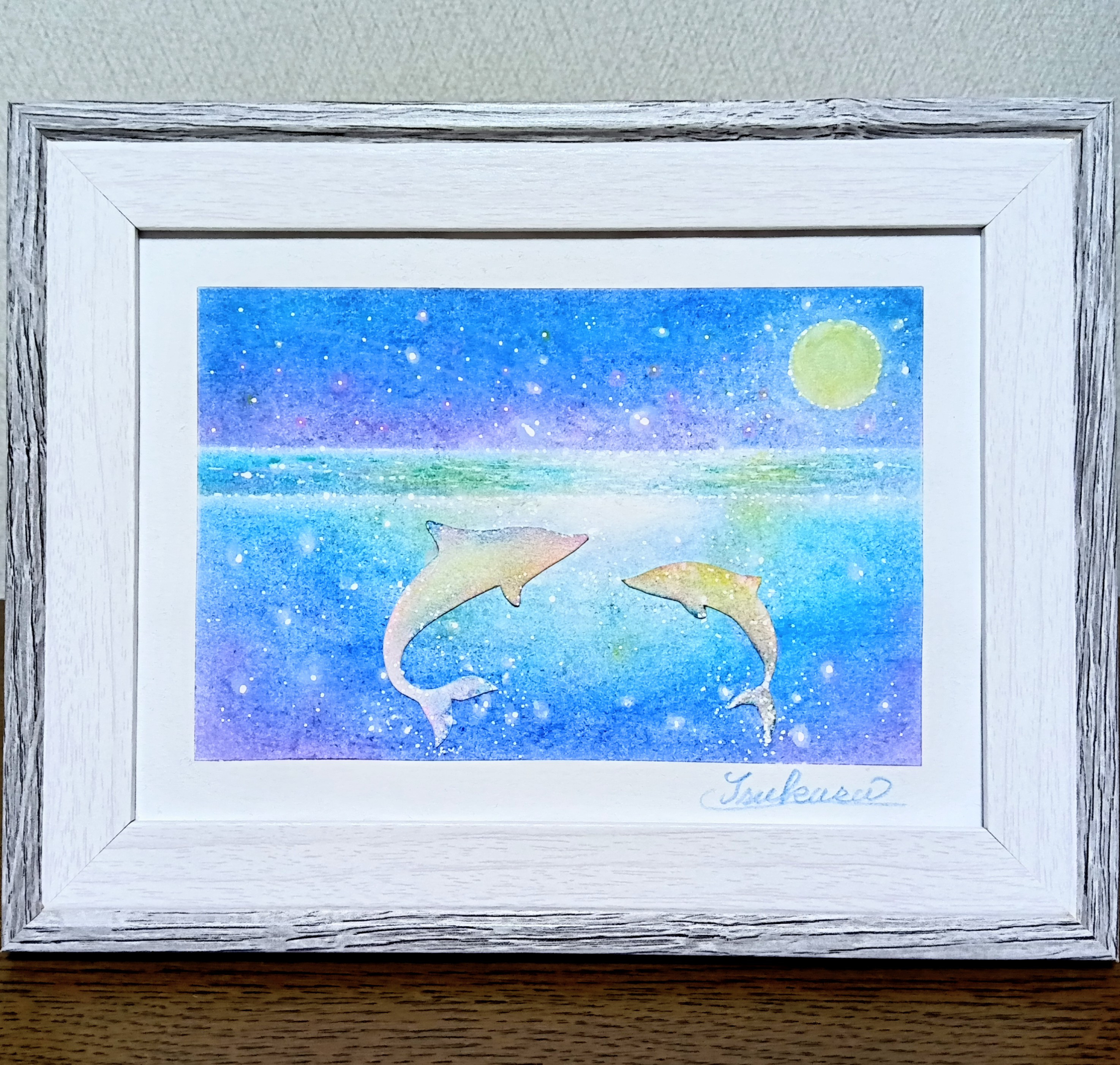 海とイルカのパステルアート 白イルカと月明かり パステル原画 絵画