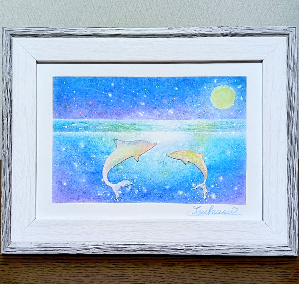 海とイルカのパステルアート 白イルカと月明かり パステル原画 絵画