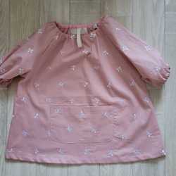 ◾️【数量限定価格】80～130size リボン刺繍 ピンク 総柄 半袖スモック 袖ゴム入り 5枚目の画像