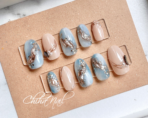 【現品】夏ネイル　ニュアンスネイル　ネイルチップ　個性派ネイル　大人ネイル 大人ニュアンスネイル | 成人式や結婚式におすすめのネイル