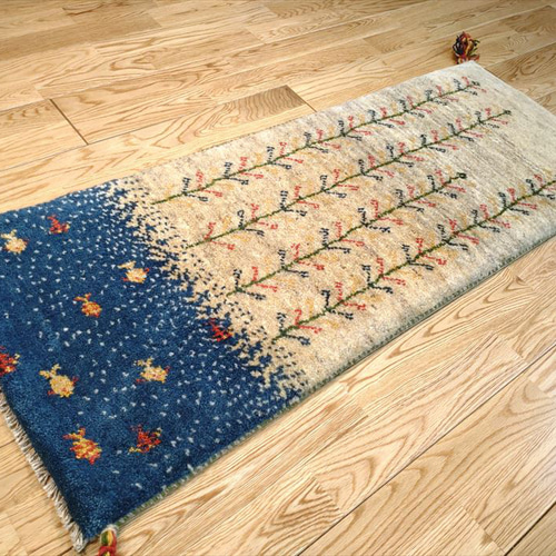 ペルシャ ギャッベ ミニランナー 145×50 青 藍色 ヤギ