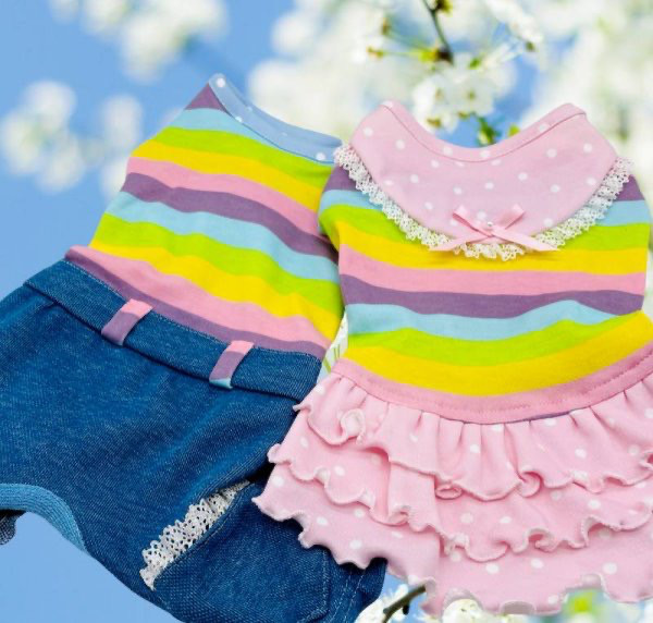 犬服/猫服　ボーダーニット＆ドットワンピース／オールインワン [OP885]