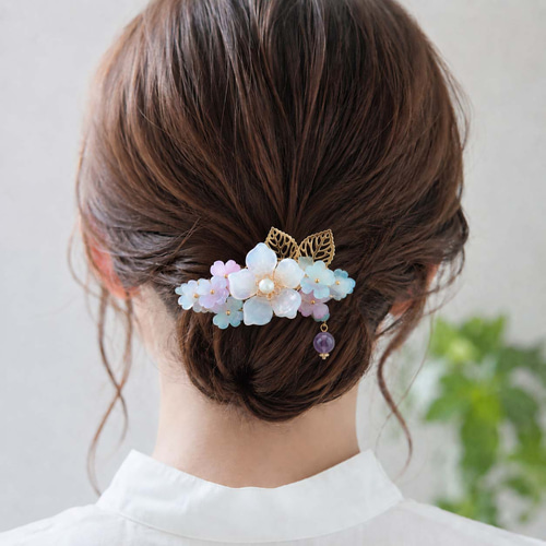 紫陽花とチェコガラス のお花のバレッタ アジサイ あじさい ヘア