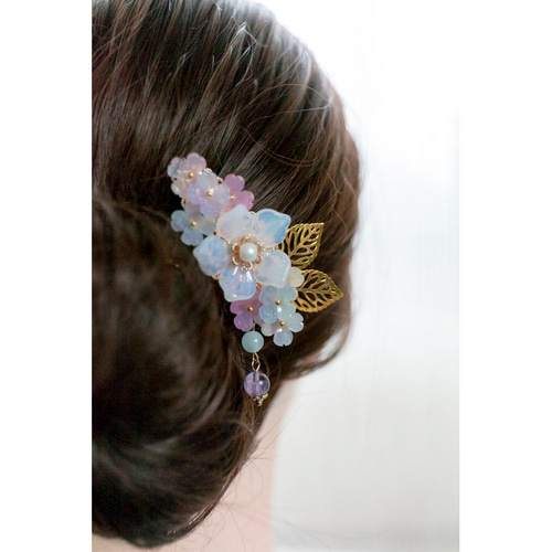 紫陽花とチェコガラス のお花のバレッタ アジサイ あじさい ヘア