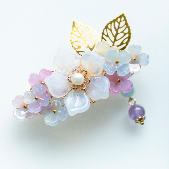 紫陽花とチェコガラス のお花のバレッタ アジサイ あじさい ヘア