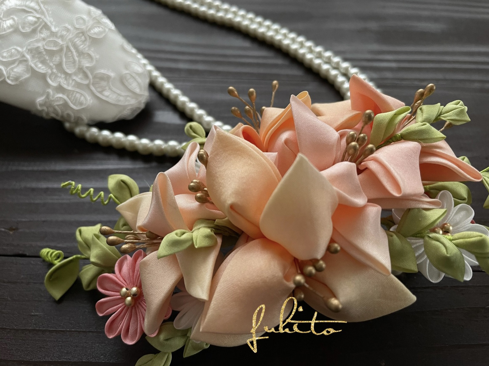 正絹羽二重　つまみ細工　百合のヘッドドレス