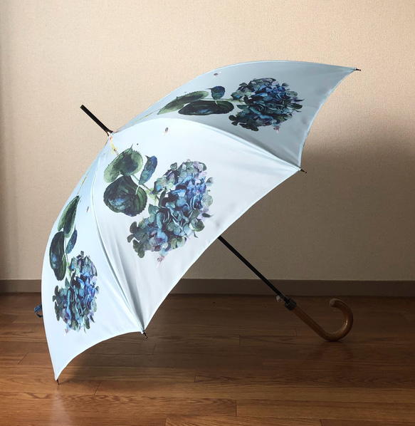 紫陽花ハンドメイド2024【受注生産】イギリス製　ターコイズウォータードロップの雨傘 1枚目の画像