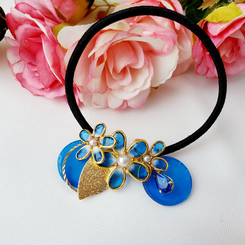 ジャラジャラヘアゴム ブルー＆ピンクフラワー