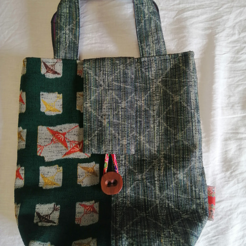 2種類の着物の生地をリメイク☆越後紬の手さげバック トートバッグ