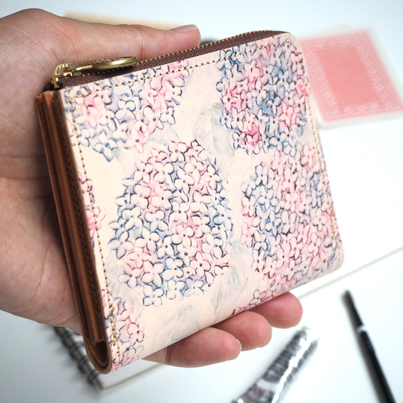 Ｌ字ファスナー 財布（アジサイ） 本革 コンパクト 紫陽花 4枚目の画像