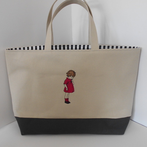 A4サイズ刺繍の帆布のトートバッグ フランスの可愛い女の子 赤