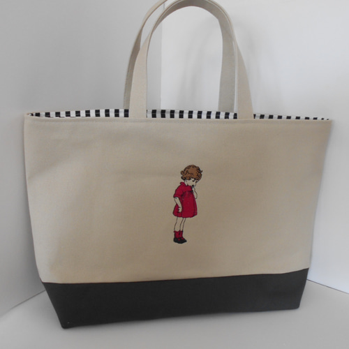 A4サイズ刺繍の帆布のトートバッグ フランスの可愛い女の子 赤