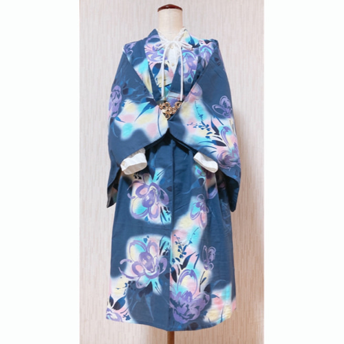 展示品◇着物リメイク◇ セットアップ紺系総柄ベルト付き1点もの