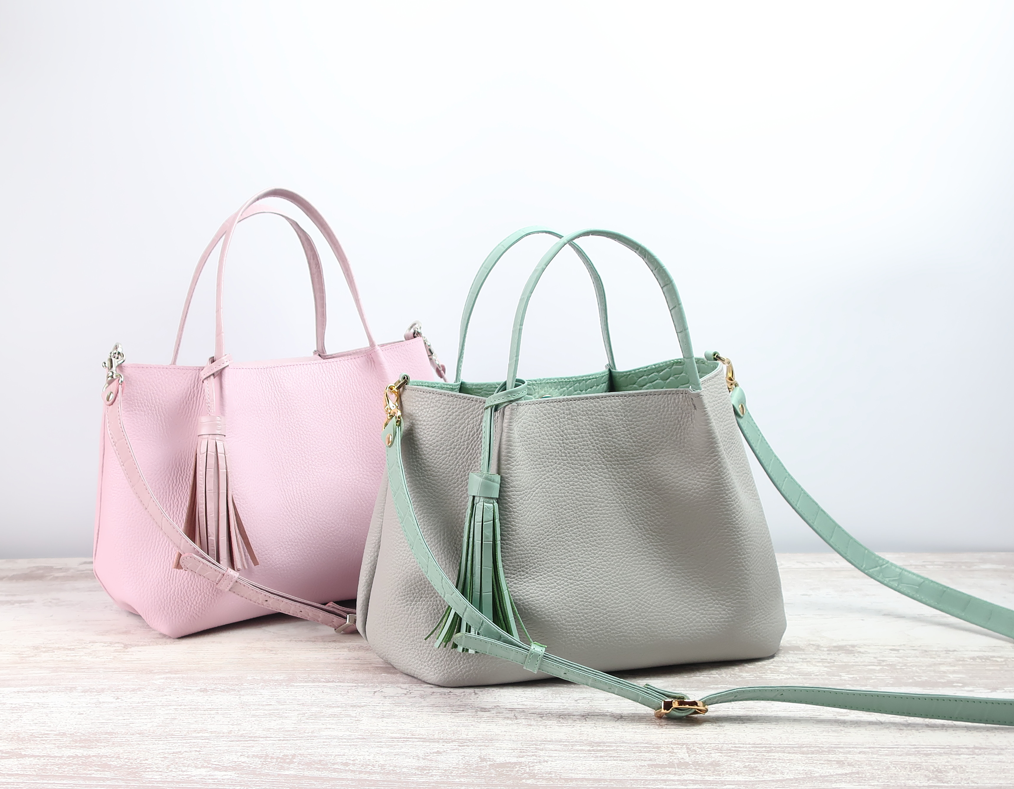 2WAYふんわりタックトート（S)☆彡ライトグレー×ミントグリーン・受注製作