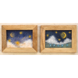 ・額付・和紙ちぎり絵『三日月とふわふわ雲の星空』写真サイズ原画 3枚目の画像