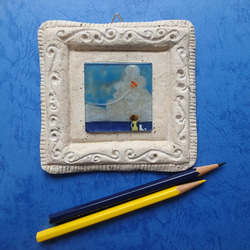 【夏の日】GLASSmini絵画　壁飾り  額　犬　雲　飛行機　女の子　青空 4枚目の画像