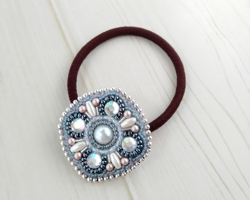 ビーズ刺繍◇ヘアゴム＃045ダークネイビー×シルバー ヘアゴム